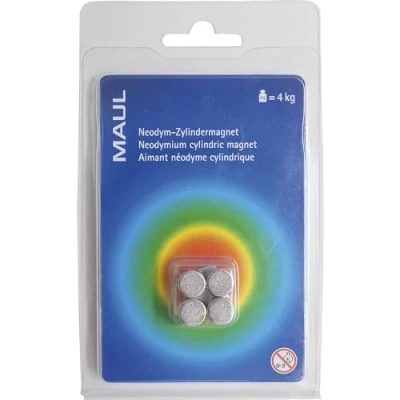 Image of MAUL Neodymium Disc Magnet High Adhesive for Versatile Use Round with Elegant and Modern Design Diameter 10 x mm Pack of 4 Light Silver