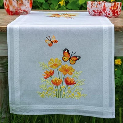 Image of Vervaco PN 0187941 Table Runner Cross Stitch Set Pre Drawn Cotton Orange Flowers and Butterflies OSFA