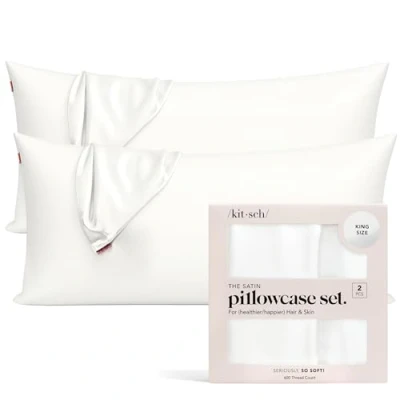 Image of Kitsch 100% Satin Pillowcase with Zipper, Softer Than Silk for Hair &amp; Skin, Cooling Pillow case, Case Cover (King (2 Pack), Ivory)