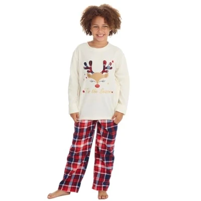 Image of WS AW23 Kids Girls Teenage Junior Christmas Themed Microfleece Warm Long Sleeve Pyjama Set Nightwear Lounge Cream Reindeer 9 10 Years