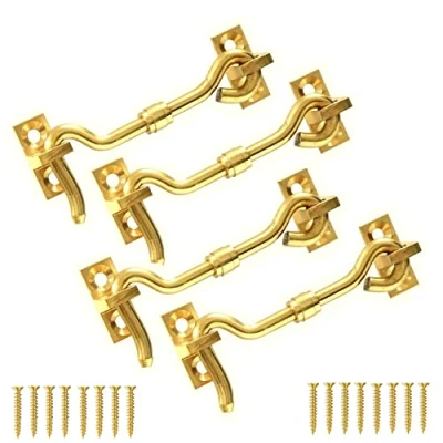 Image of TERF® 100mm Polished Brass Cabin Door Hook and Eye Lock (4 inch) Cabinet Latch including Fixing Screw For Gate Window Closet Shed Pack of 4
