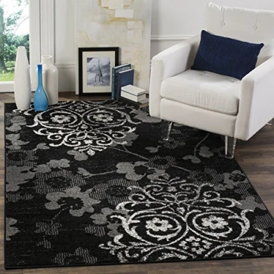 Image of SAFAVIEH Floral Glam Damask Rug for Living Room, Dining Bedroom Adirondack Collection, Short Pile, in Black and Silver, 155 X 229 cm
