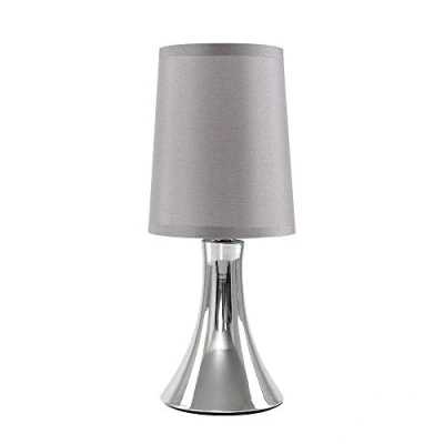 Image of MiniSun Small Modern Chrome Touch Table Lamp with a Grey Fabric Shade Complete 5w LED Dimmable Candle Bulb [3000K Warm White]