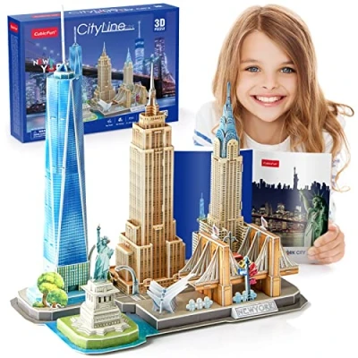 Image of CubicFun 3D Puzzle for Kids New York City Skyline Building Model Kits, US DIY Decoration and Souvenir Gift Adults Kids, Statue of Liberty, Empire State Building, Chrysler 123 Pieces