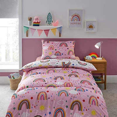 Image of Silentnight Healthy Growth Single Coverless Duvet Rainbow Quilt Comforter with Matching Pillowcase and Reversible Design Machine Washable Hypoallergenic Pink 200 x 135cm