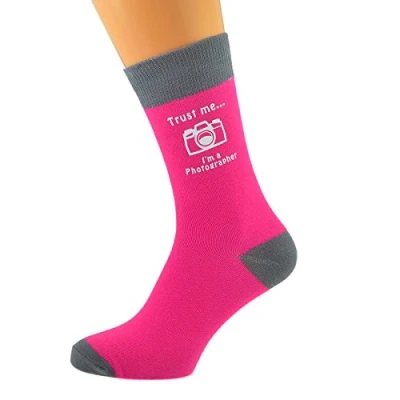Image of Trust me I&#039;m a Photographer AND Camera Image Printed on TWO TONE HOT PINK GREY Mens Cotton Rich Socks