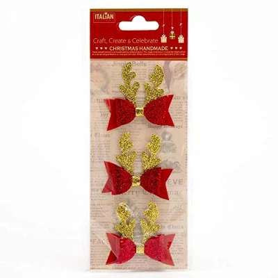 Image of Italian Options Glitter Reindeer Antler Bows Christmas Craft Decoration Self Adhesive 5cm x (3 pcs)