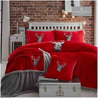 Image of Gaveno Cavailia Teddy Fleece Stag Head Duvet Set King Red/Charcoal, Super Soft Fluffy Warm Cosy Bedding, 3 Piece Bedset, Easy Care DuvetCover Bedlinen, 1 Quilt Cover and 2 Pillow Cases