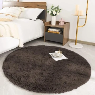 Image of MOONLIGHT20015 Round Rugs Living Room Fluffy Shaggy Brown Area for Bedroom 120x120cm Anti Slip Modern Super Soft Thick Pile Plush Carpet Non Shedding Easy To Clean Rug