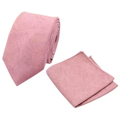 Image of DB Dickie Bow Men&#039;s Luxury Cotton Blend Skinny Neck Tie &amp; Pocket Square Set (Dusty Rose Pink) suitable for formalwear, office, weddings, parties, grooms groomsmen outfits