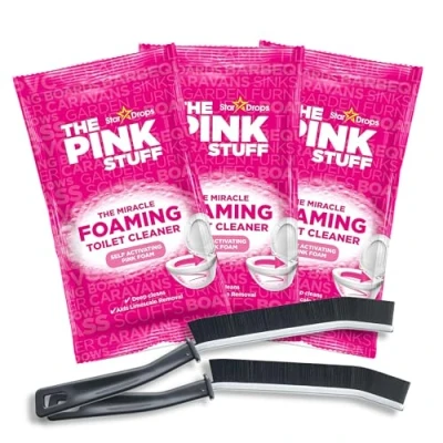 Image of Pink Stuff Cleaning Products Miracle Foaming Toilet Bowl Cleaner Limescale Remover Powder (3 Sachets) with 2 Crevice Brushes and Remover, Foam
