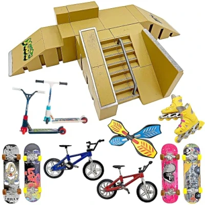 Image of STASHABLES Finger Skateboard Ramp Set Skatepark Kit 16 Pieces Skate Park Including mini Skateboards, Ramps, Scooters, Skates, Bikes and Caster Boards Fingerboard