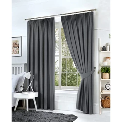 Image of Hachette Thermal Blackout Curtains Pencil Pleat Tape Top Including Pair of Tiebacks (Charcoal Grey, 46&quot; X 54&quot;)