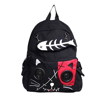 Image of Banned Apparel Kitty Speaker Backpack Fish Bone Purse 3.5mm Aux