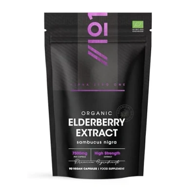 Image of Organic Elderberry Extract 7500mg High Strength Black Sambucus 90 Vegan Capsules (3 Months Supply) Resealable and Recyclable Pouch by Alpha01