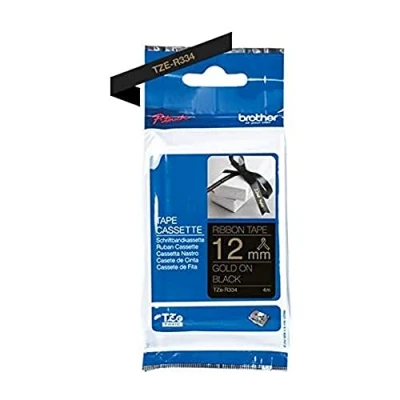 Image of Brother TZe R334 Labelling Tape Cassette, Gold on Black, 12mm (W) x 4M (L), Ribbon Tape, Genuine Supplies
