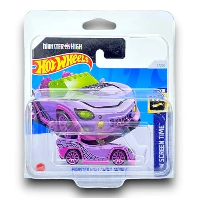 Image of Hot Wheels Monster High Ghoul Mobile (Purple &amp; Pink) 1/10 HW Screen Time 2024 3/250 (Short Card) COMES IN A KLAS CAR KEEPER SHORT CARD PROTECTOR CASE HRY45