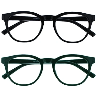 Image of OPULIZE Blu Reading Glasses with Blue Light Blocking 2 Pack Cool Round Frame Spring Hinges Improve Sleep Computer Gaming Anti Reflective Black Green Mens Womens BB5 16 +1.50