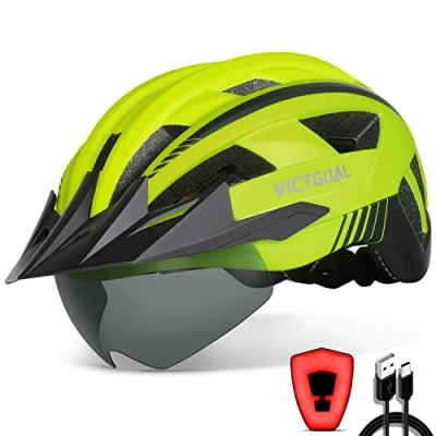 Image of Victgoal Bike Helmet with USB Rechargeable LED Light Removable Magnetic Goggles Visor Breathable MTB Mountain Bicycle for Unisex Men Women Adjustable Cycle Helmets (L: 57 61 cm, Yellow)