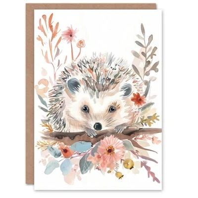 Image of Artery8 Greeting Card Hedgehog in Wildflowers Modern Watercolour Pastel Blank For All Him Or Her Art Birthday