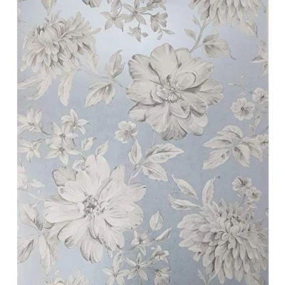 Image of Blue Floral Wallpaper White Grey Flowers Pearlescent Metallic Y�L Lucia