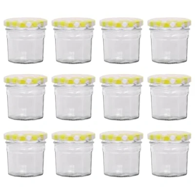 Image of Argon Tableware 12x 90ml Glass Jam Jars with Yellow Gingham Lids Empty Screw Top Kitchen Food Honey Spice Preserving Canning Storage Jar Set