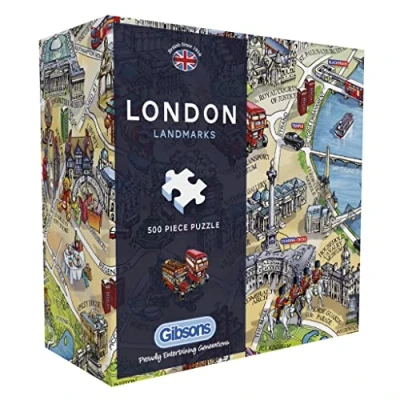 Image of London Landmarks 500 Piece Gift Puzzle British Map Sustainable Jigsaw for Adults Premium 100% Recycled Board Great Gibsons Games