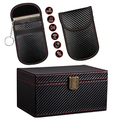 Image of FOXNSK Faraday Box for Car Keys, Leather Signal Blocker Keys Fob Phones Cards Keyless Entry RFID &amp; Anti Theft Cage