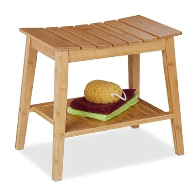 Image of Relaxdays Bamboo Bathroom Bench, Extra Shelf for Towels, Versatile, HxWxD: 45 x 51.5 34 cm, Storage Space, Natural