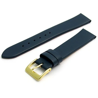 Image of Fine Calf Leather Watch Strap Band 16mm Dark Blue with Gilt (Gold Colour) Buckle. Free Spring Bars (Watch Pins)