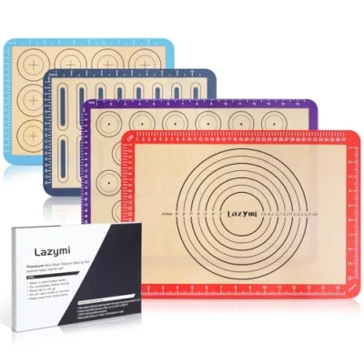 Image of 4 Piece Set Silicone NonStick Baking Mats Sheet with Measurement Resuable Non Slip Tray Liners, Pastry/Macaron/Cake/Cookie/Bread Making, Fit for Table Mat Counter (Red, Purple, Blue, Grey)
