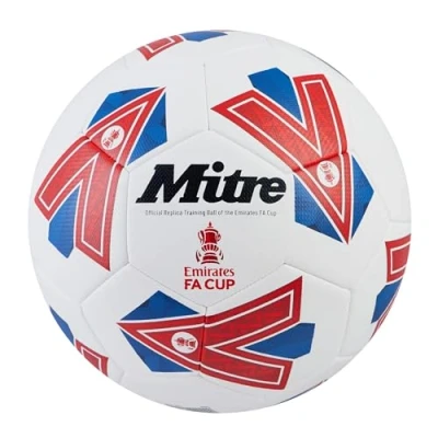 Image of Mitre Training FA Cup Football High Performance Ball Extra Durable Design, Ball, White/Blue/Red, 4