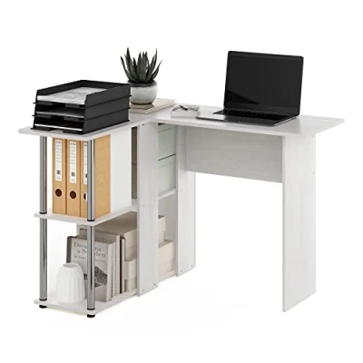 Image of Furinno L Shape Desk with Bookshelf, Engineered Wood, White Oak/Chrome, 104.5 (W) x 73.51 (H) 87.5 (D) cm