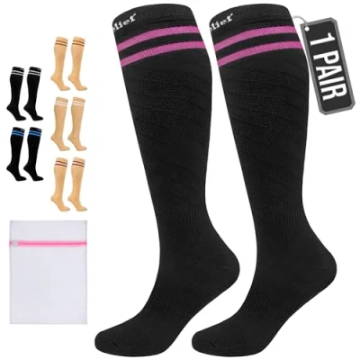 Image of 360 RELIEF Compression Socks for Women Men, 15 20 mmHg Supports Blood Circulation, Travel Flight Socks, Varicose Veins, Pregnancy Stockings S/M, Black with 2 Pink Line + Laundry Bag