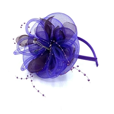 Image of Ladies Beaded Aliceband Fascinator, Hairband Fascinator Hat, Weddings Races Royal Ascot, Hair Piece (Purple)