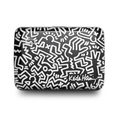 Image of OGON Aluminum Smart Case V2 Wallet Metal Clasp RFID Blocking Card Holder Holds up to 10 Cards and Banknotes (Keith Haring White Engraving), Keith Engraving, One Size, Minimalist