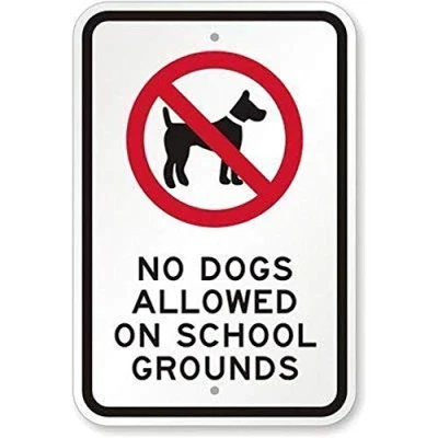 Image of No Dogs Allowed On School Grounds with Graphic Black Red White Warning Tin Sign 8x12 inches