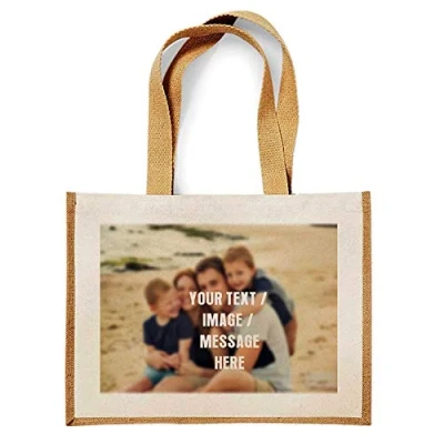 Image of Personalised with your own Image/Text/Any Name themed canvas shopping Jute Bag. (Natural)