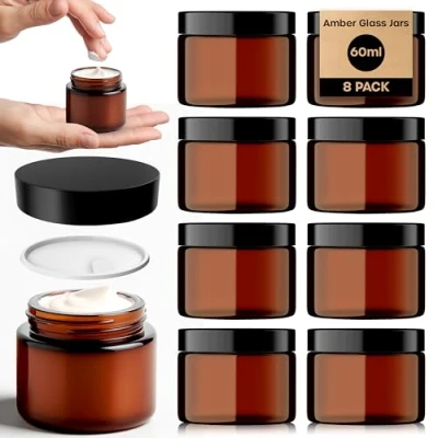 Image of Amber Glass Jars 8 Pack (60ml) with Lids Brown Travel Cosmetic Containers Inner Liner, Spatula and Lid Pots UV Protection for Powder, Lotion Cream