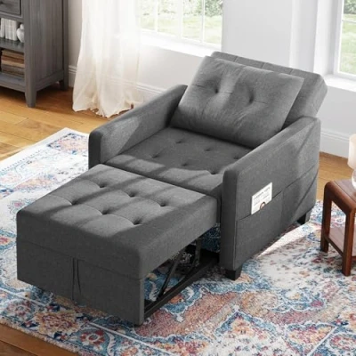 Image of Vesgantti 3 in 1 Sofa Bed Dark Grey, Convertible Sleeper Chair with Adjustable Backrest, Fabric Single Side Pockets, Foldable Bed, Pull Out for Living Room