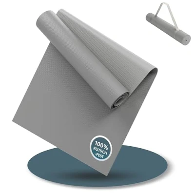 Image of LILENO Sports Light Grey Yoga Mat (180 x 60 cm) with Carrying Strap, Extra Non Slip and in 4 mm Thick, Gym Fitness for Training