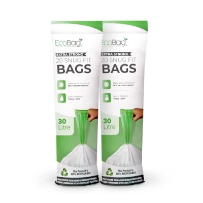 Image of EcoBag 40 Pack White Kitchen Drawstring Bin Liner 30L 25 Microns Heavy Duty, Extra Strong, Brabantia Compatible, Eco Friendly, Tear Resistant, Clear Recycling Bags (465 x 750mm)