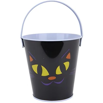 Image of Quickdraw Halloween Sweet Bucket Kids Mini Trick or Treating Carrying Tin Basket with Carry Handle (Cat), One Size
