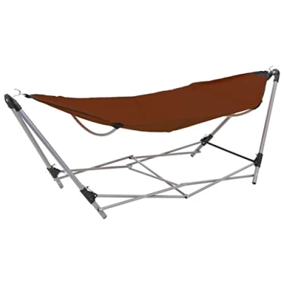 Image of vidaXL Compact Portable Folding Hammock with Stand, Outdoor Indoor Swing Bed/Chair, Hardwearing 600D Oxford Fabric, Powder Coated Steel Frame, Brown