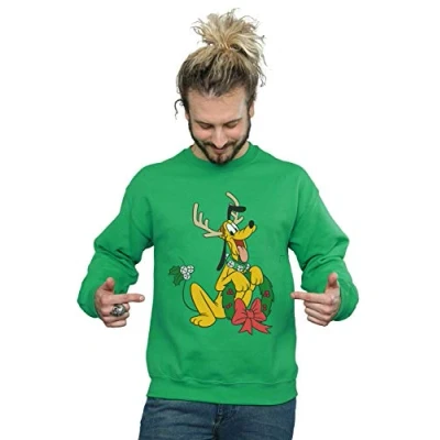 Image of Disney Men&#039;s Pluto Christmas Reindeer Sweatshirt Irish Green Large