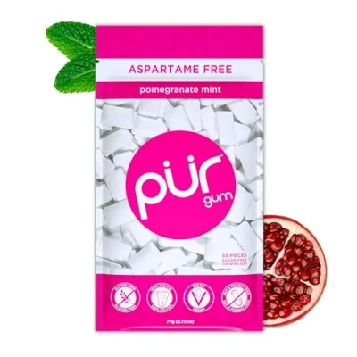 Image of PUR Gum Sugar Free Chewing Made with Xylitol Vegan, Aspartame Free, Gluten &amp; Keto Friendly Natural Pomegranate Mint Flavoured Gum, 55 Pieces (Pack of 1)