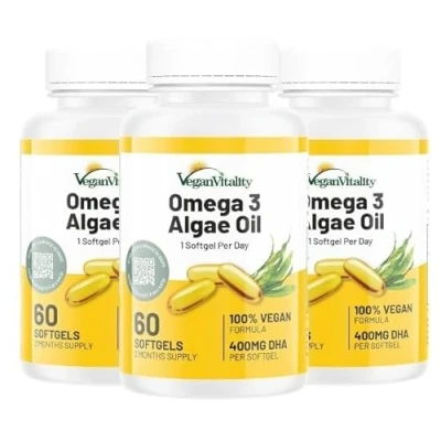Image of Vegan Omega 3 Algae Oil : 400mg DHA for Heart, Joints, Brain Health, High Strength 180 Softgel Tablets, 6 Months Supply. Vitality&#039;s Vegans, Vegetarians Suitable Supplement