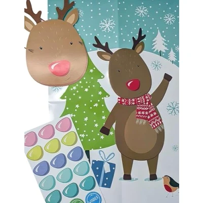 Image of YLAB Pin the Nose on Reindeer Christmas Party Game Printed Card, Mask &amp; Stickers Eco Packaging