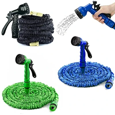 Image of Expandable Flexible Garden Hose Magic Pipes Expanding Hosepipe with Brass Fittings/Quick Connector/7 Function Spray Gun for Watering Plants, Car Washing, Shower Pets (Black 75ft)