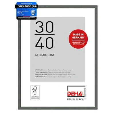 Image of DEHA Design Boston Photo Frame 30x40cm, Aluminium Picture Frame, Grey with Protective Acrylic Glazing and Push Turn Clips Contrast